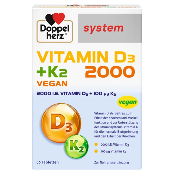 Abbildung der Produktverpackung Doppelherz system VITAMIN D3 2000 + K2 VEGAN Frontansicht